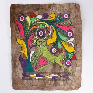 Vintage Mexican folk art bark paper painting Mythical beast, Amate Bark Art